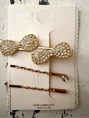 Mint Gold Rhinestone Bow & Crystal Bobby Pin Set
